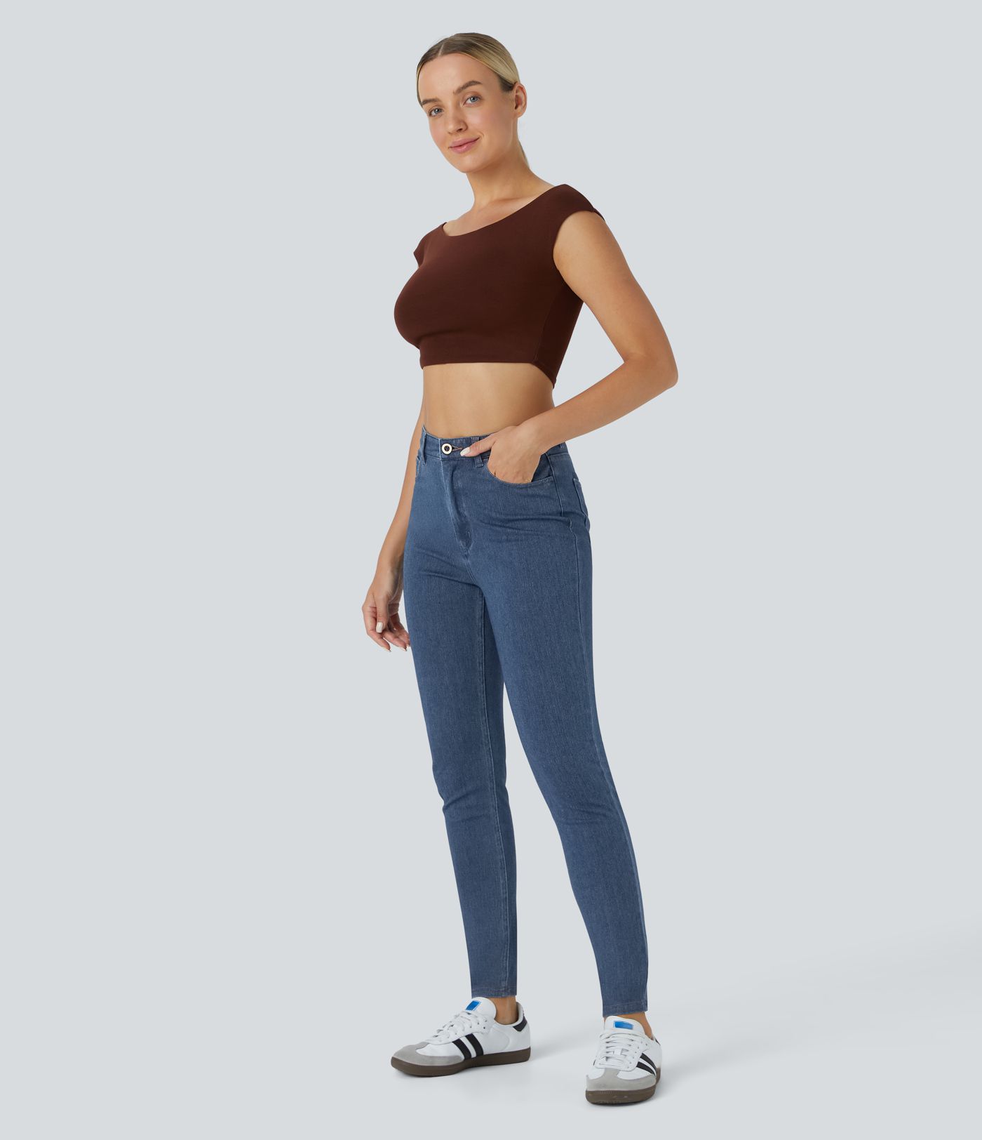 Halara Flex™ Jean Slim Taille Haute avec Bouton Fermeture Éclair Tricot Extensible Multipoches