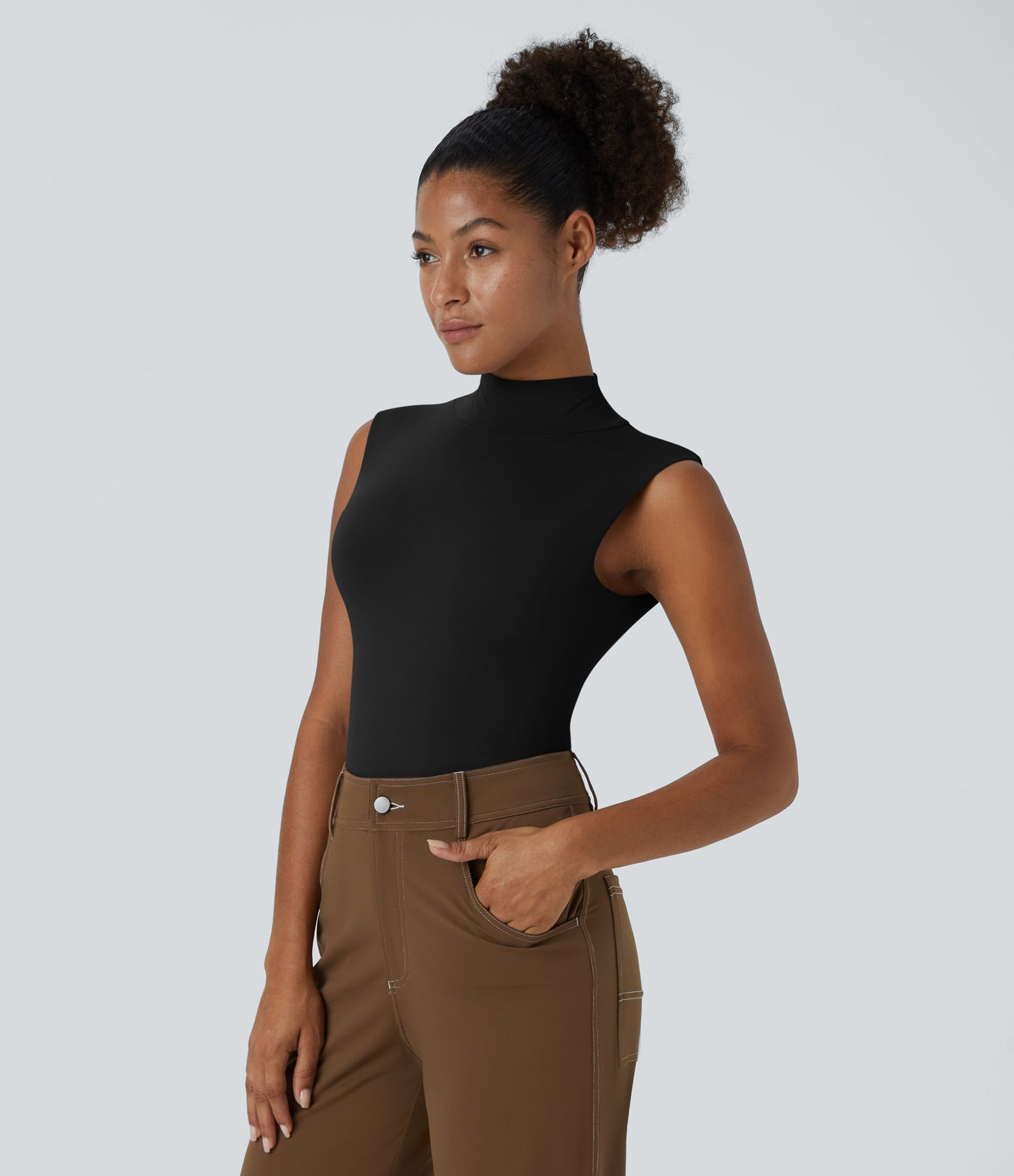 Stand Collar Sleeveless Plain Casual Bodysuit