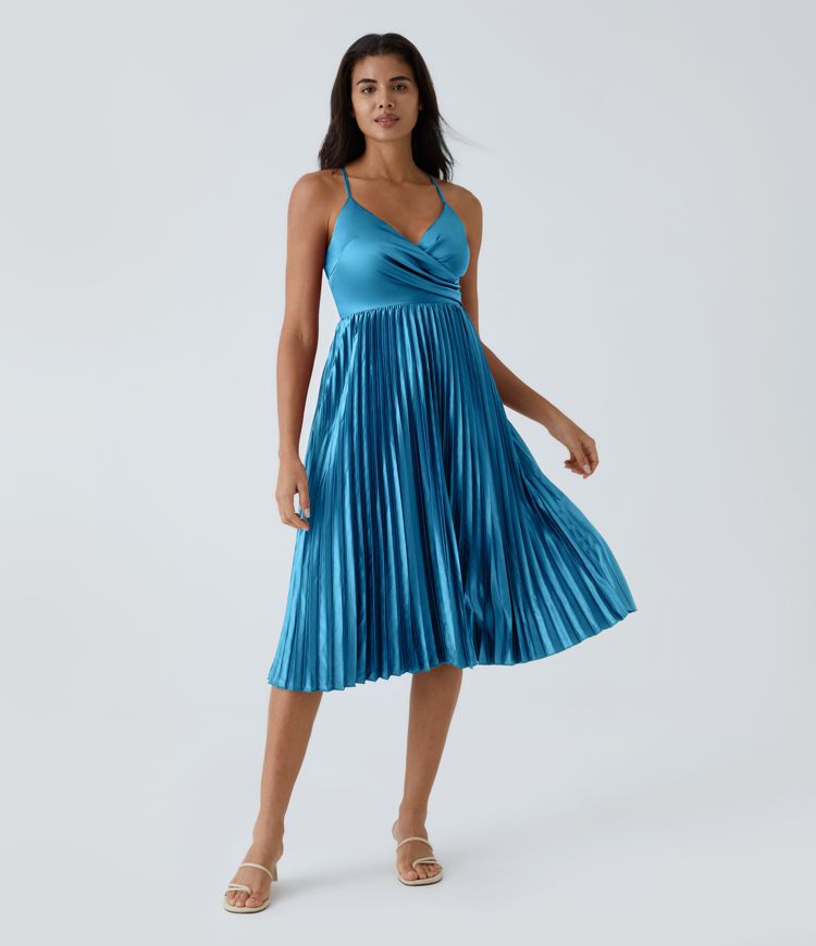V Neck Backless Crisscross Lace Up Pleated Midi Party Dress