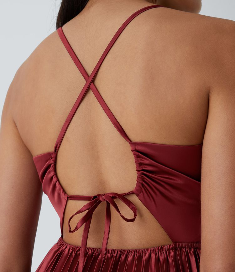 V Neck Backless Crisscross Lace Up Pleated Midi Christmas Party Dress