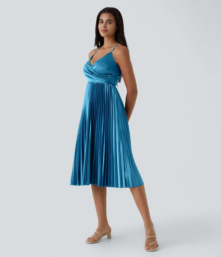 V Neck Backless Crisscross Lace Up Pleated Midi Party Dress