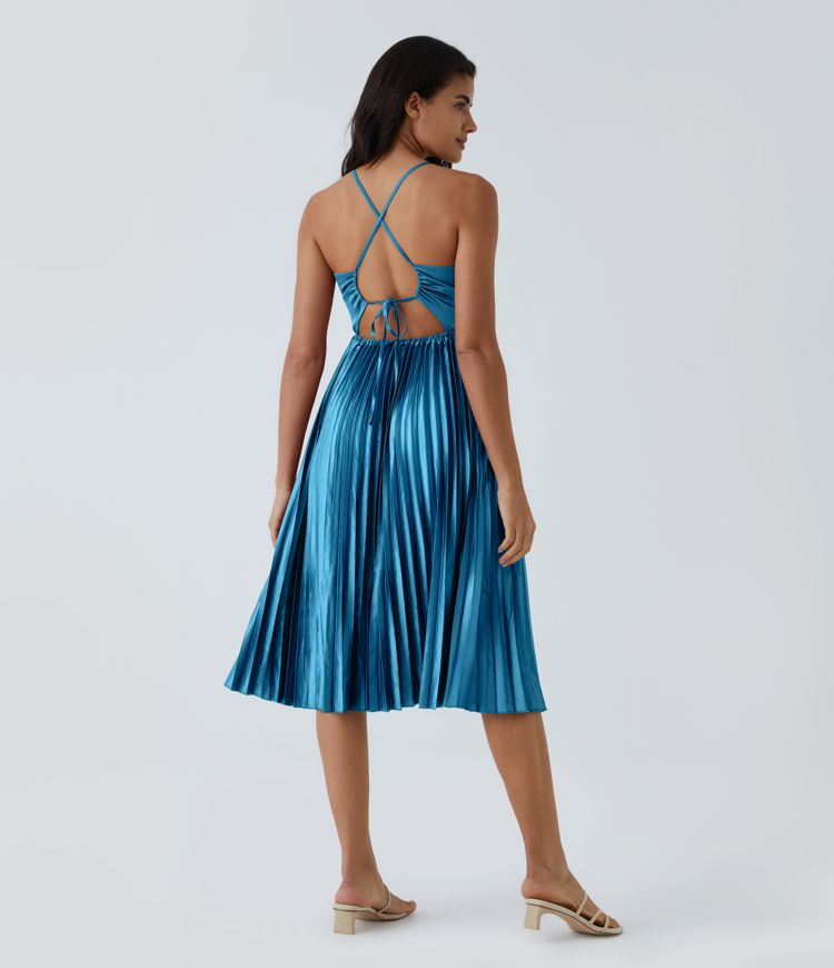 V Neck Lace Up Pleated Midi Dress