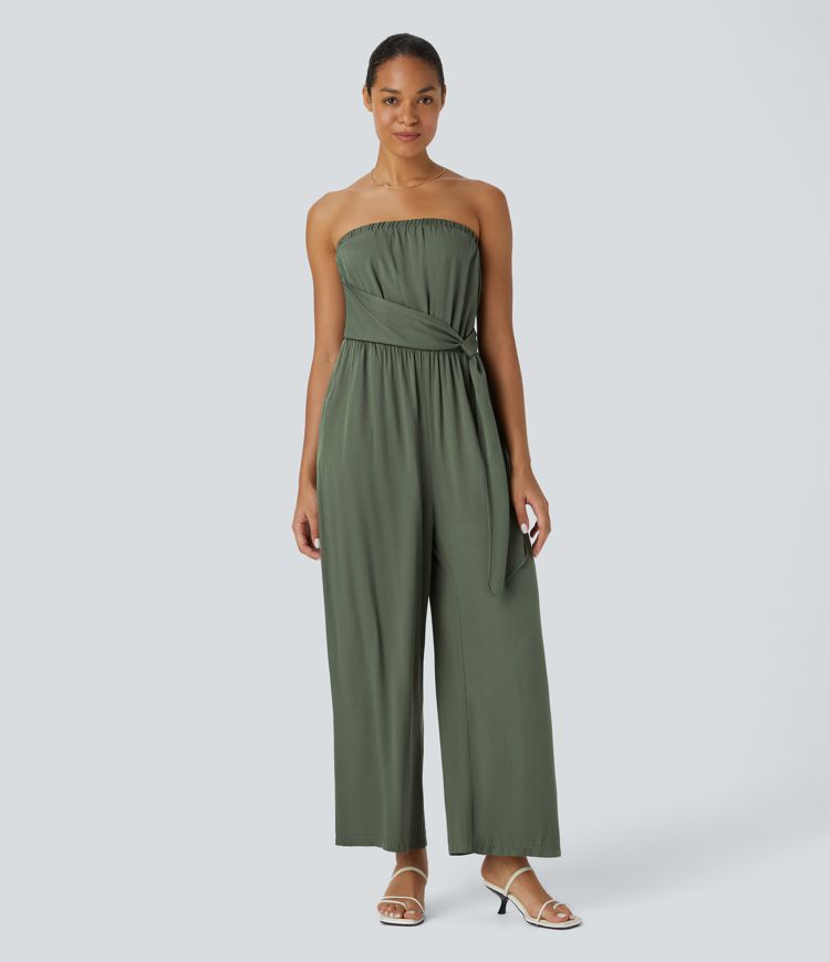 Tube Backless Belted Side Pocket Wide Leg Resort Jumpsuit