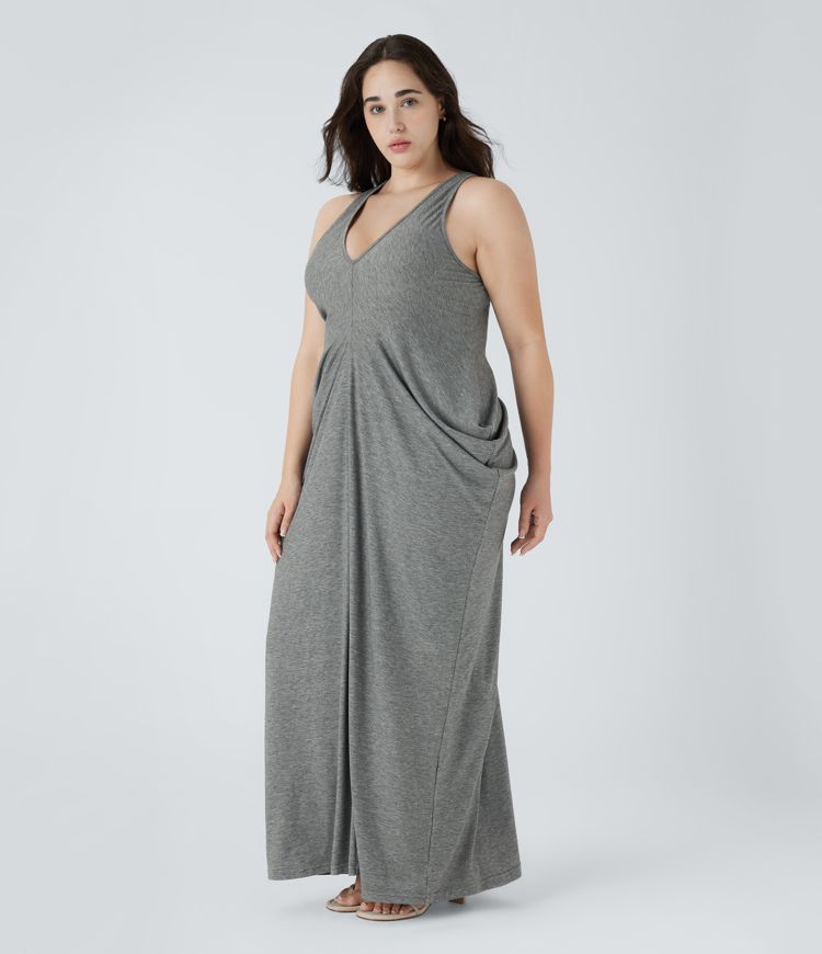 Deep V Neck Racerback Stacked Ruched Maxi Casual Plus Size Dress