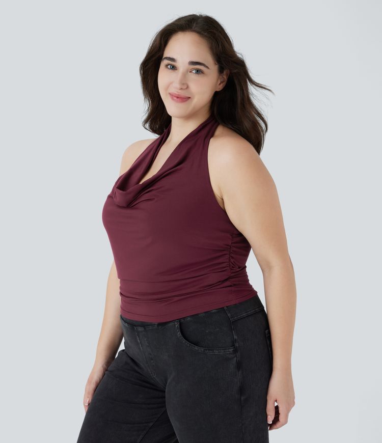 Women's Halter Cowl Neck Ruched Casual Plus Size Tank Vest Top