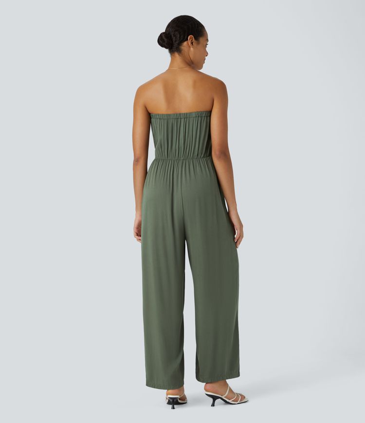 Tube Backless Belted Side Pocket Wide Leg Resort Jumpsuit