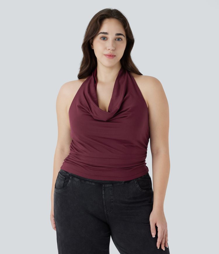 Plus-Size, rückenfreies, lässiges Tanktop mit Neckholder, Wasserfallausschnitt und Rüschen