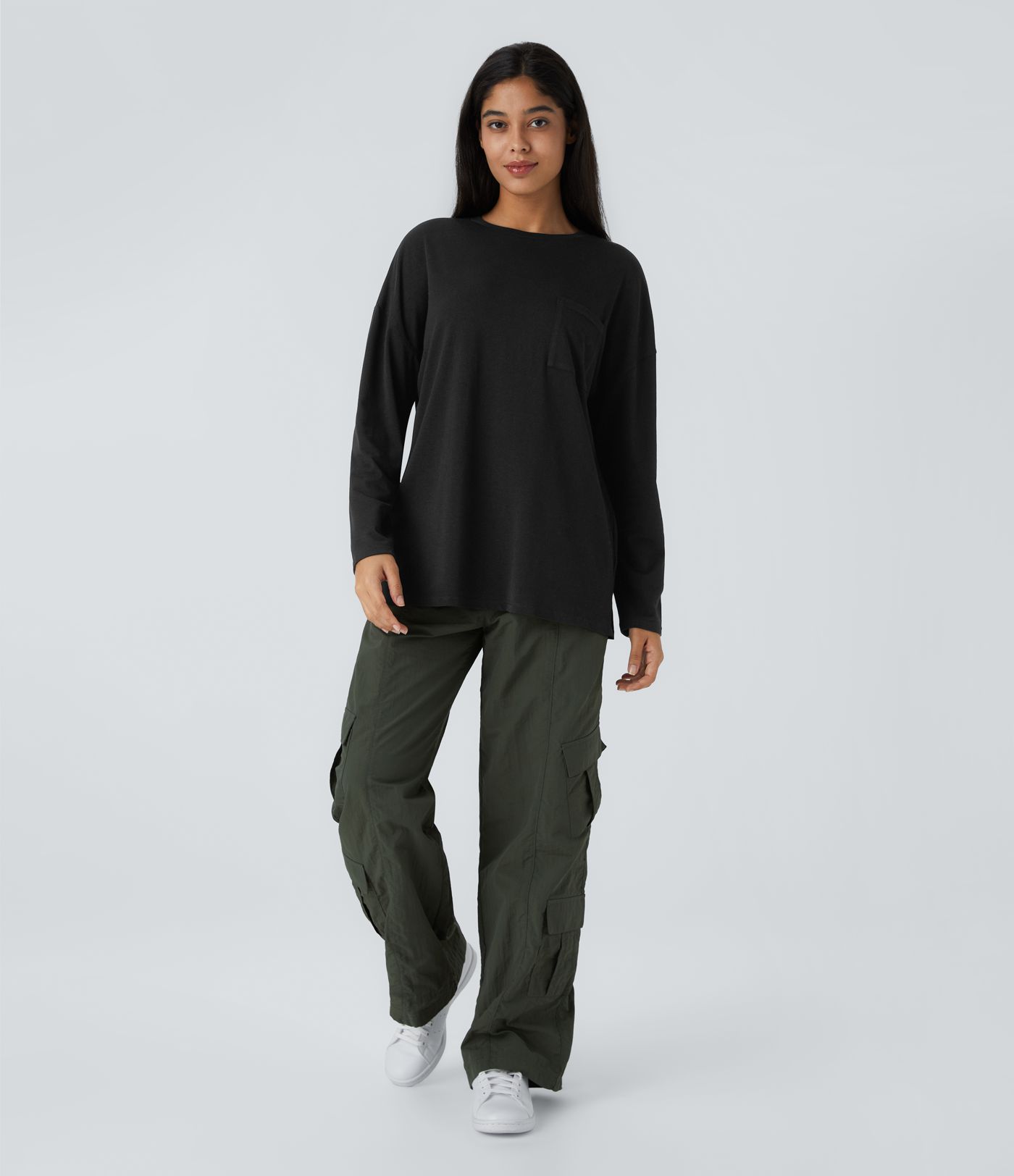 Round Neck Long Sleeve Chest Pocket Split Hem Relax Casual Top