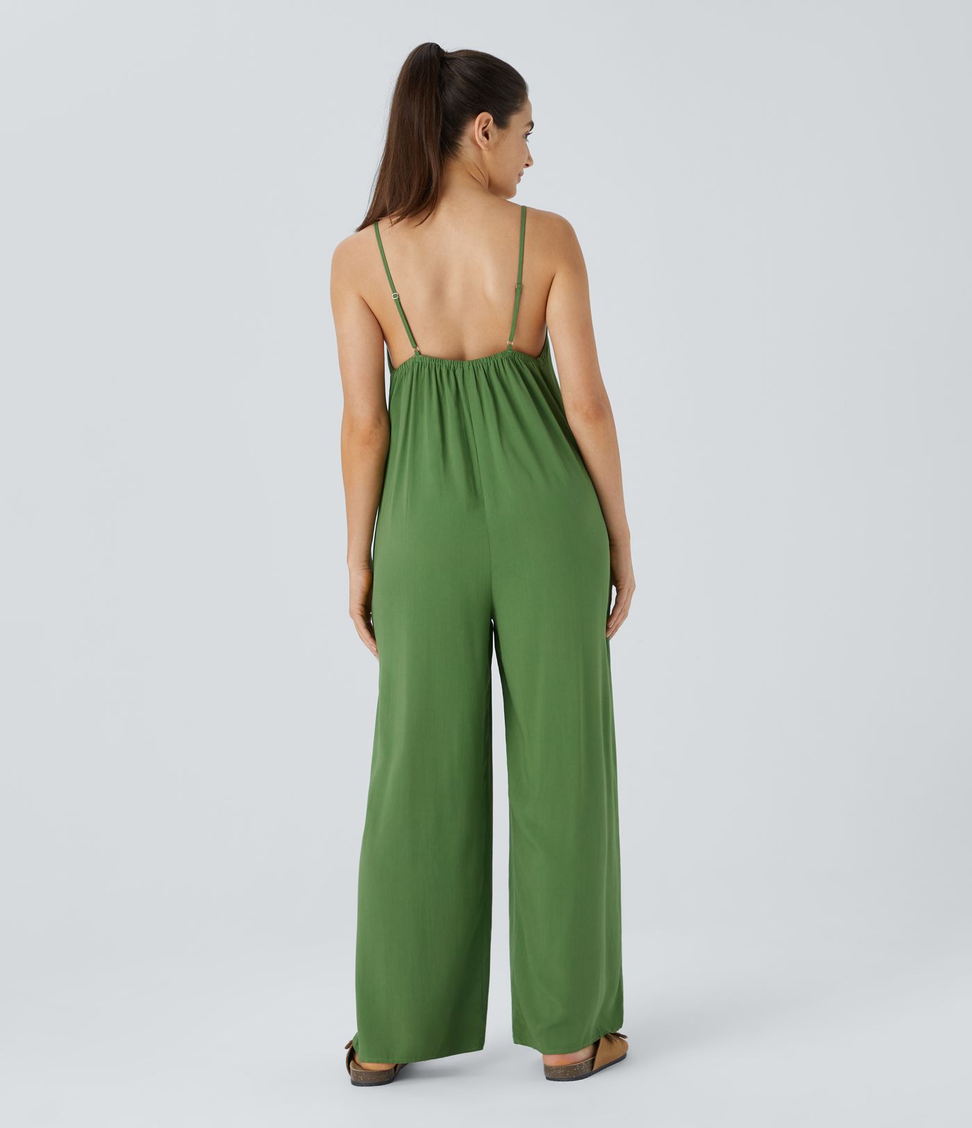 Adjustable Strap Backless Side Pocket Wide Leg Casual Jumpsuit