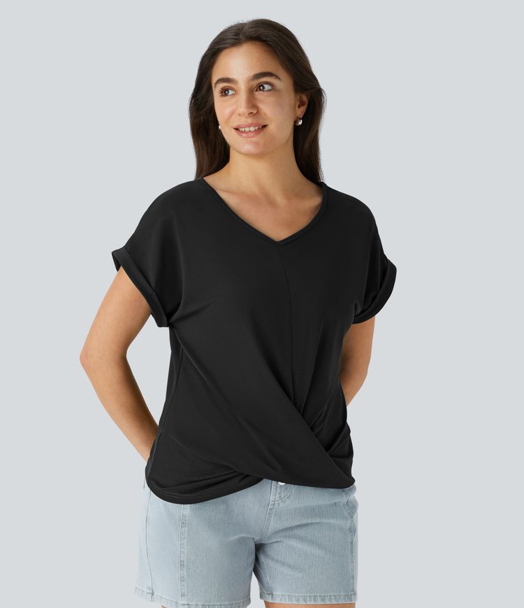V Neck Batwing Sleeve Hem Casual Blouse