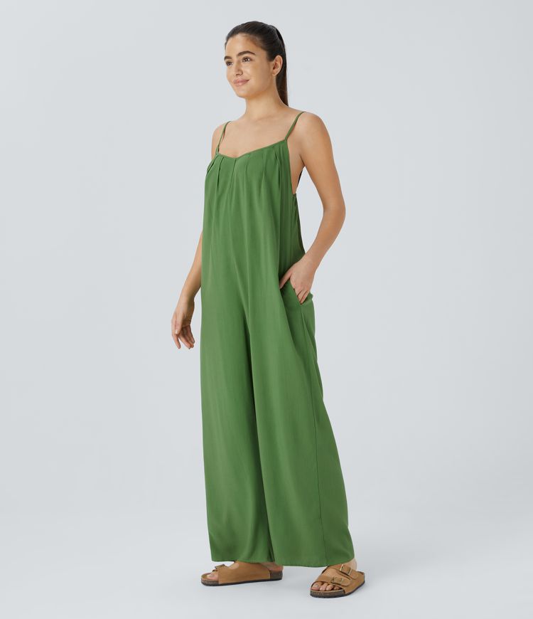 Adjustable Strap Backless Side Pocket Wide Leg Casual Jumpsuit