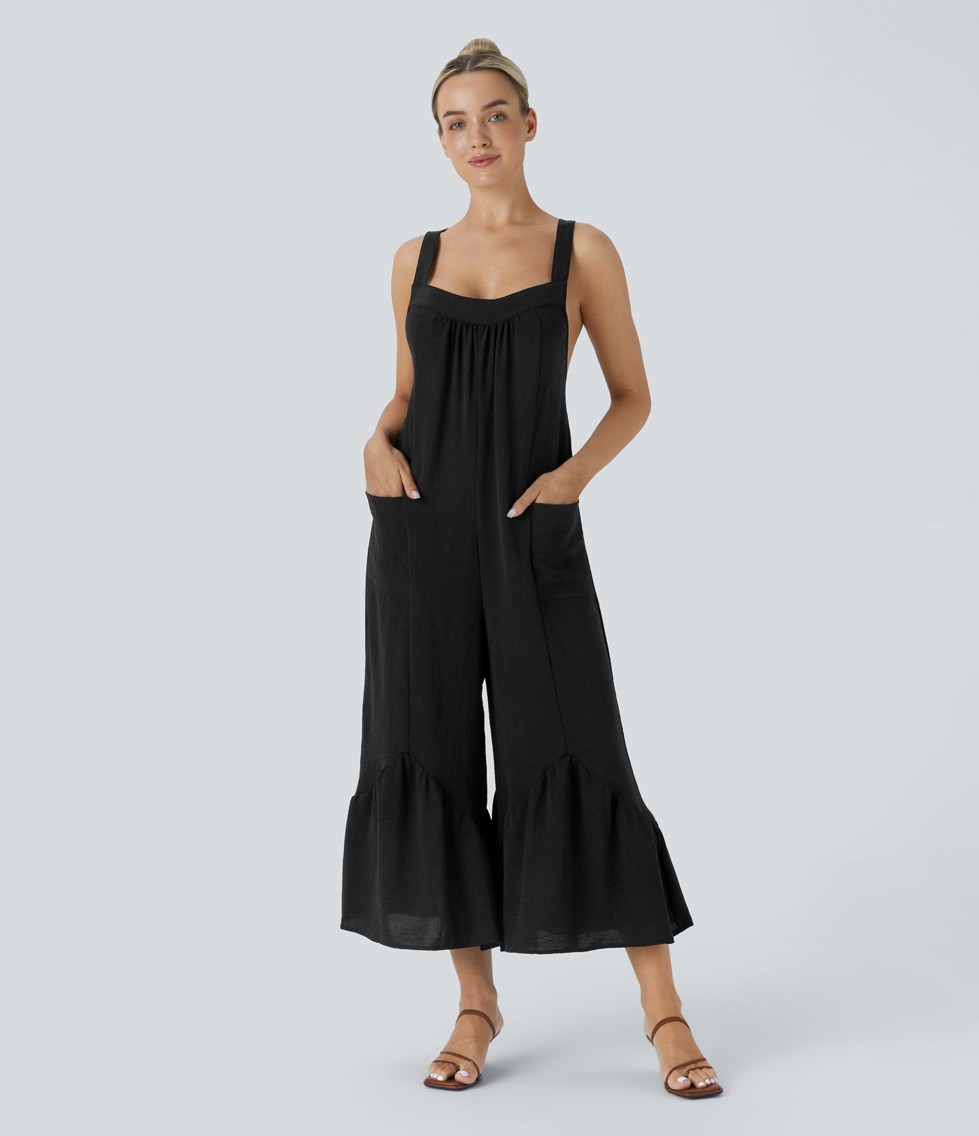 Mono capri pierna ancha volante bolsillo lateral botón correa ajustable entrecruzada sin espalda