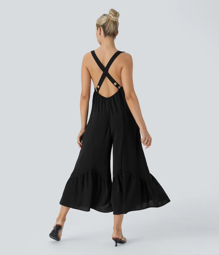 Pocket Ruffle Wide Leg Capri Casual Jumpsuit