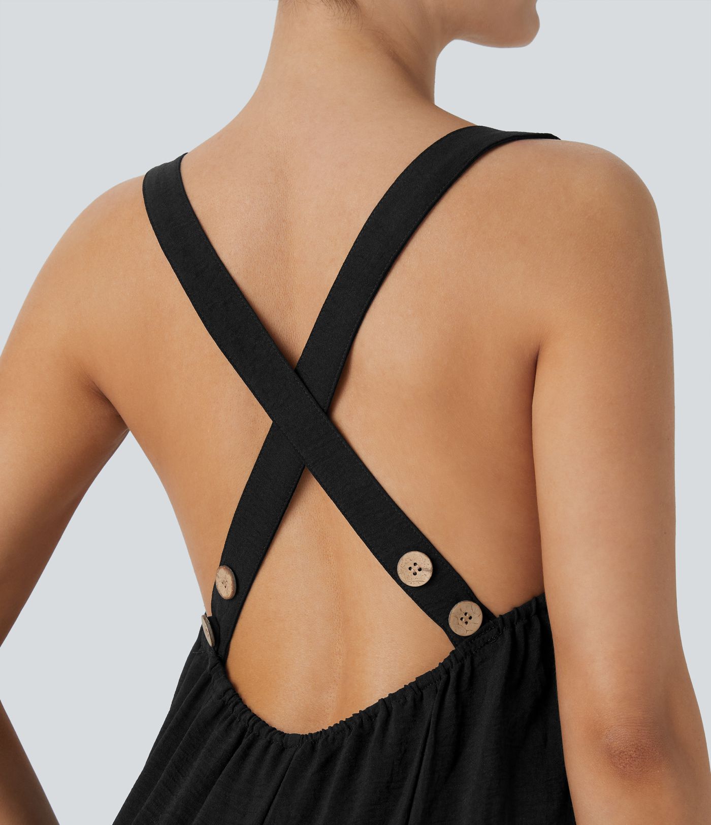 Mono capri pierna ancha volante bolsillo lateral botón correa ajustable entrecruzada sin espalda