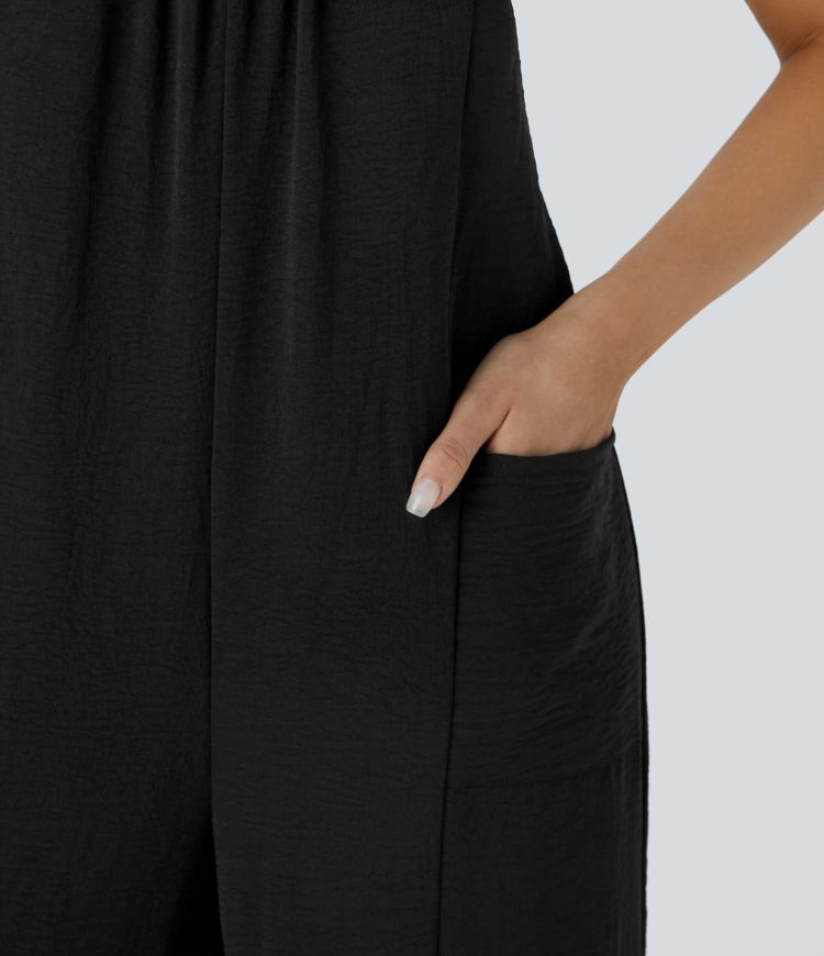 Mono capri pierna ancha volante bolsillo lateral botón correa ajustable entrecruzada sin espalda