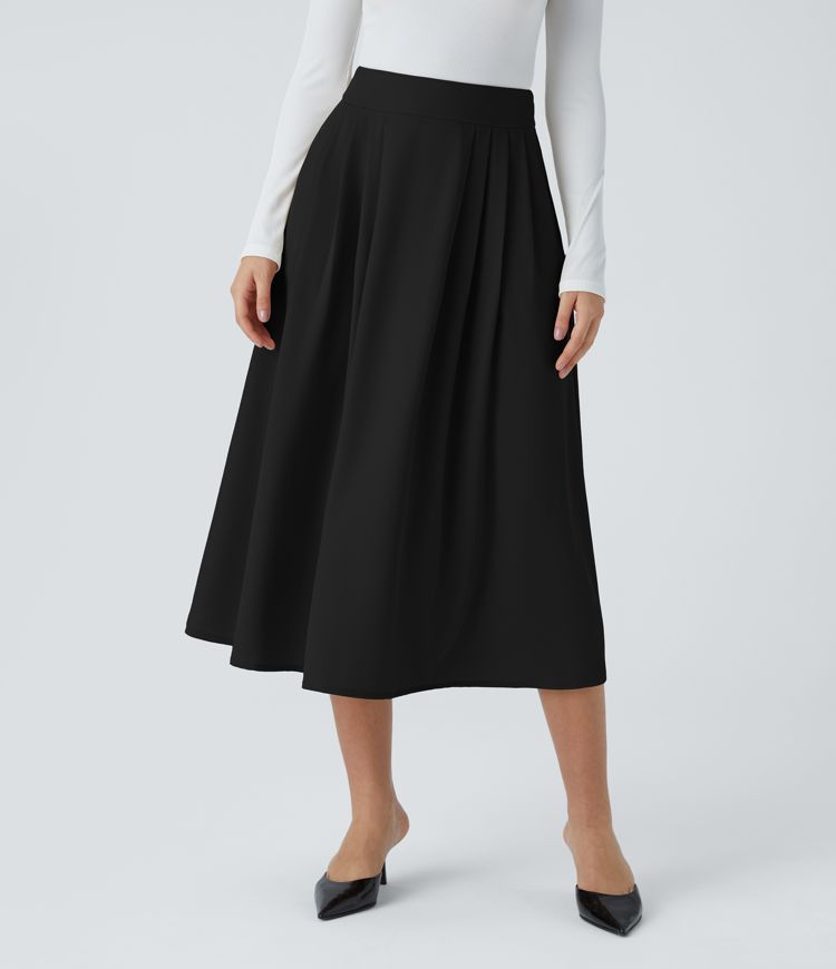 High Waisted Invisible Zipper Pleated Side Pocket Flare A Line Midi Work Skirt