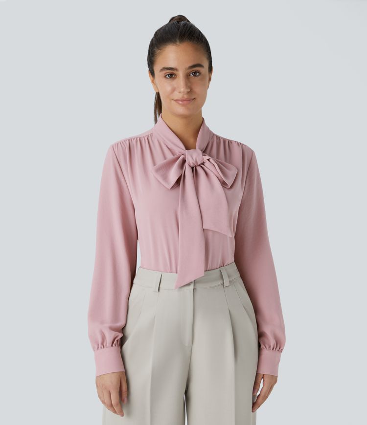 Tie Neck Long Sleeve Button Work Blouse