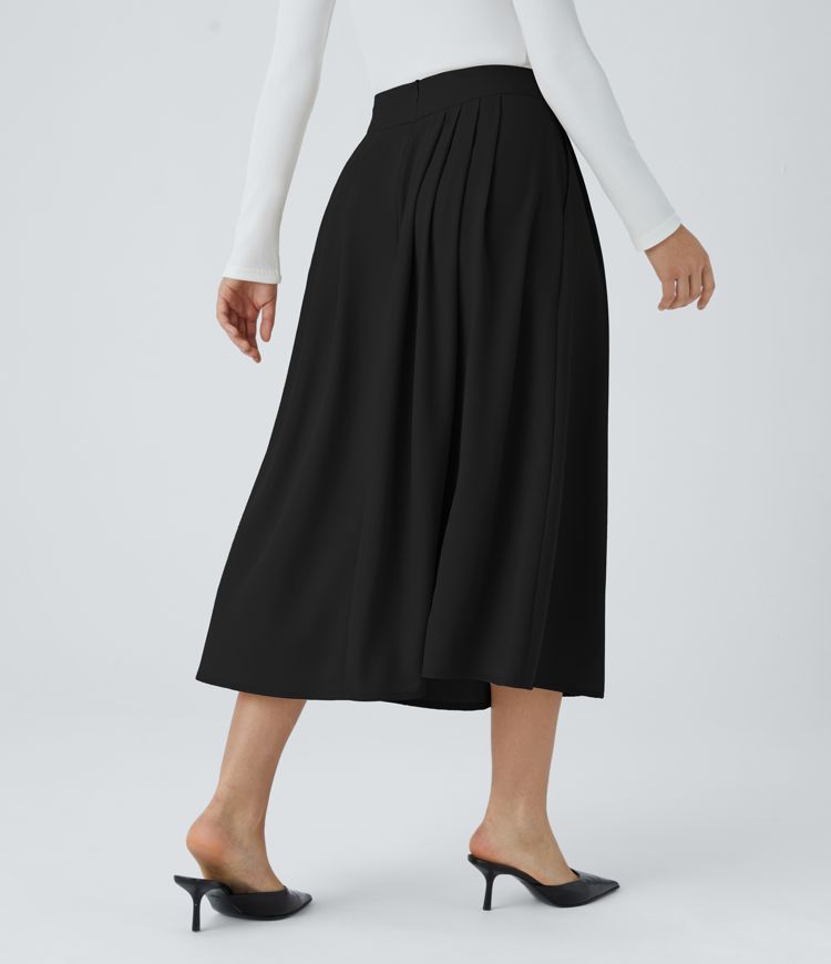 High Waisted Invisible Zipper Pleated Side Pocket Flare A Line Midi Work Skirt