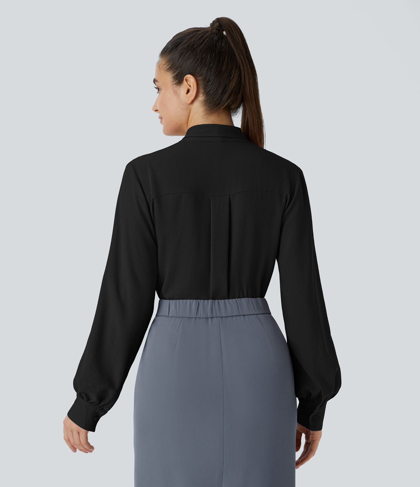 Blusa oficina botón manga larga plisada cuello anudado