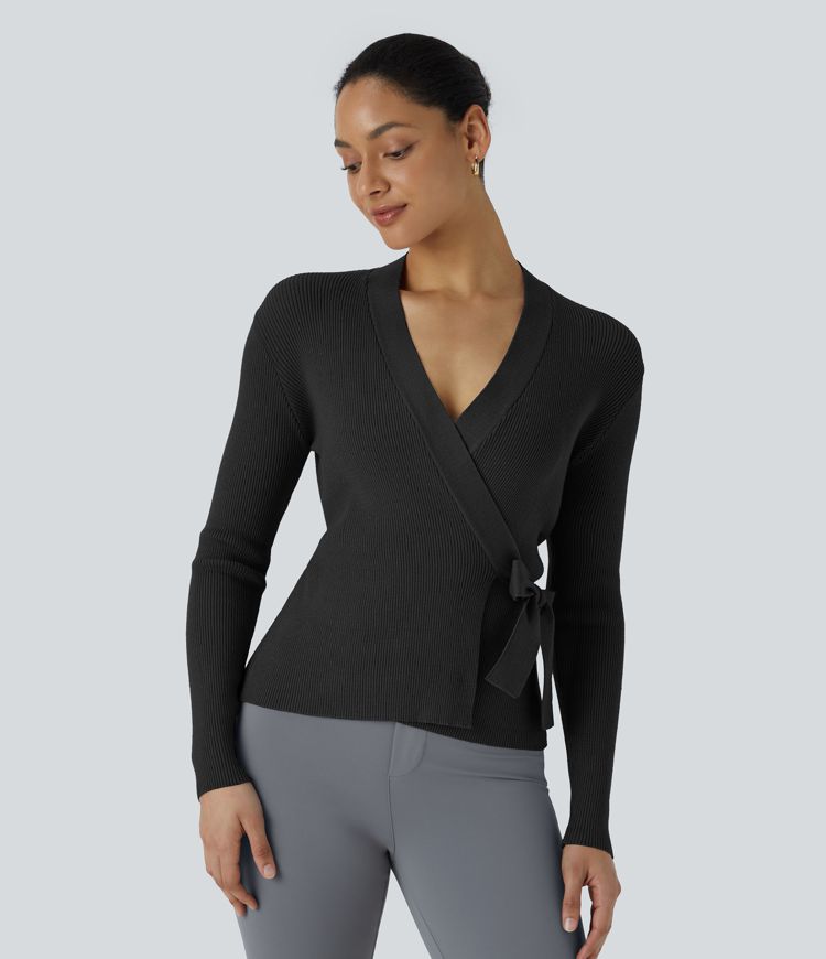 V Neck Wrapped Tie Side Long Sleeve Work Sweater