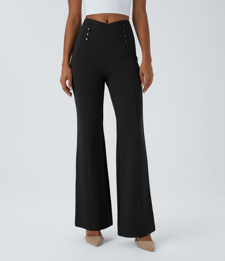 V-shaped high-waisted decorative button back pocket slightly flared slim work pants