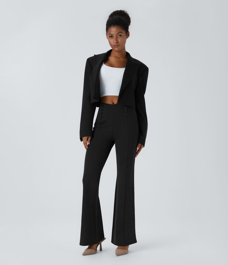 V-shaped high-waisted decorative button back pocket slightly flared slim work pants