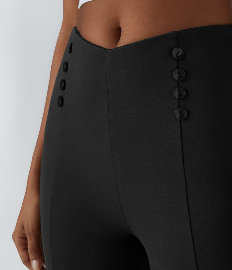 V-shaped high-waisted decorative button back pocket slightly flared slim work pants