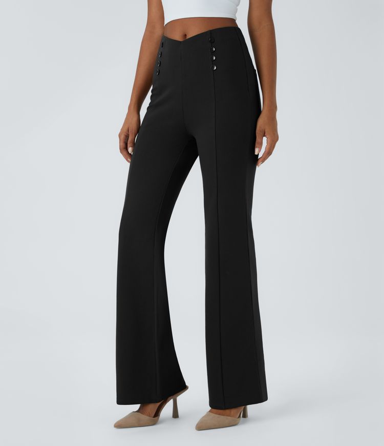 V-shaped high-waisted decorative button back pocket slightly flared slim work pants