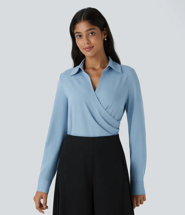 V Neck Crossover Long Sleeve Work Shirt