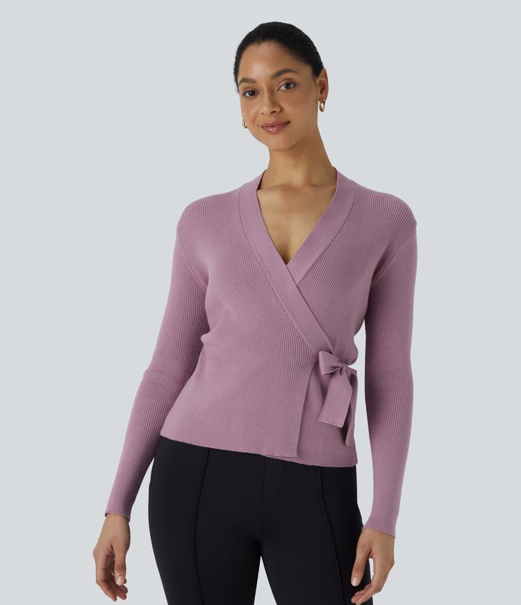 V Neck Wrapped Tie Side Long Sleeve Work Jumper