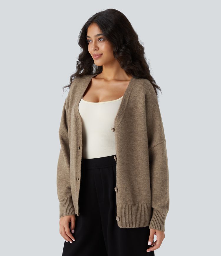 V Neck Dropped Shoulder Long Sleeve Button Oversize Work Cardigan