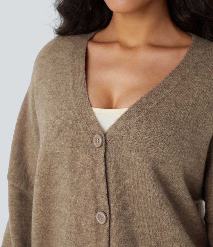 V Neck Dropped Shoulder Long Sleeve Button Oversize Work Cardigan