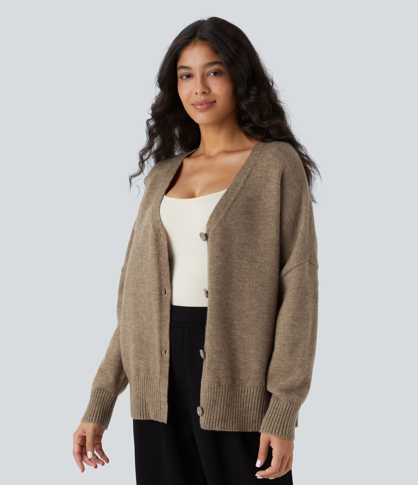 V Neck Dropped Shoulder Long Sleeve Oversize Work Cardigan