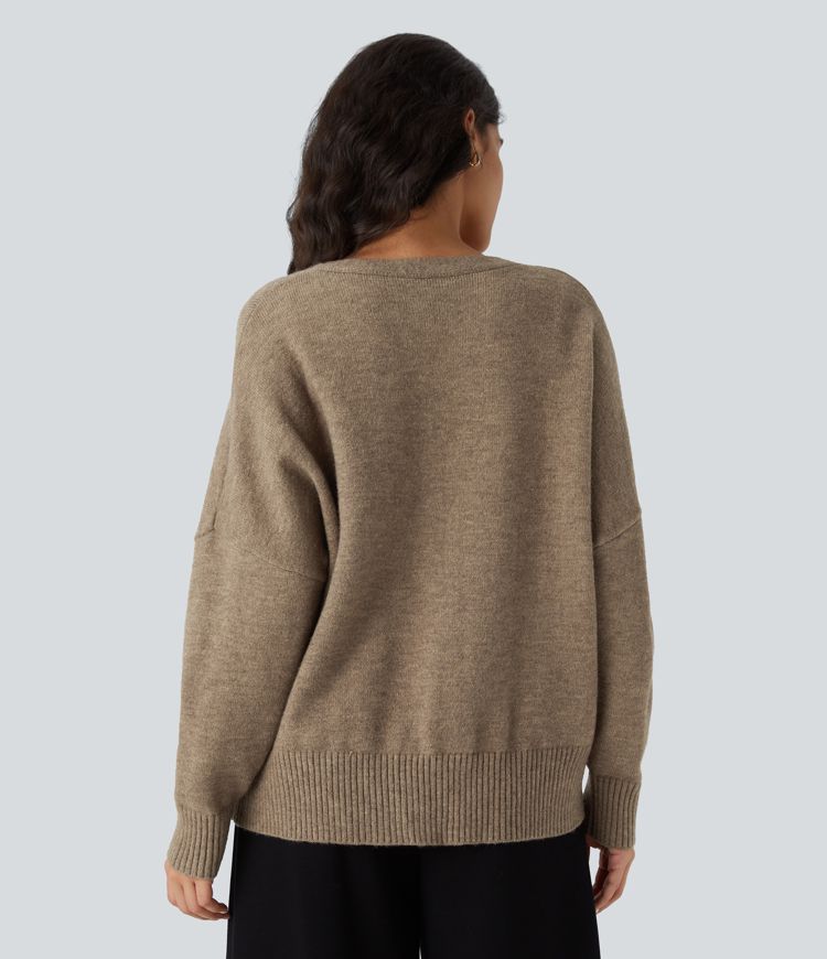 V Neck Dropped Shoulder Long Sleeve Button Oversize Work Cardigan