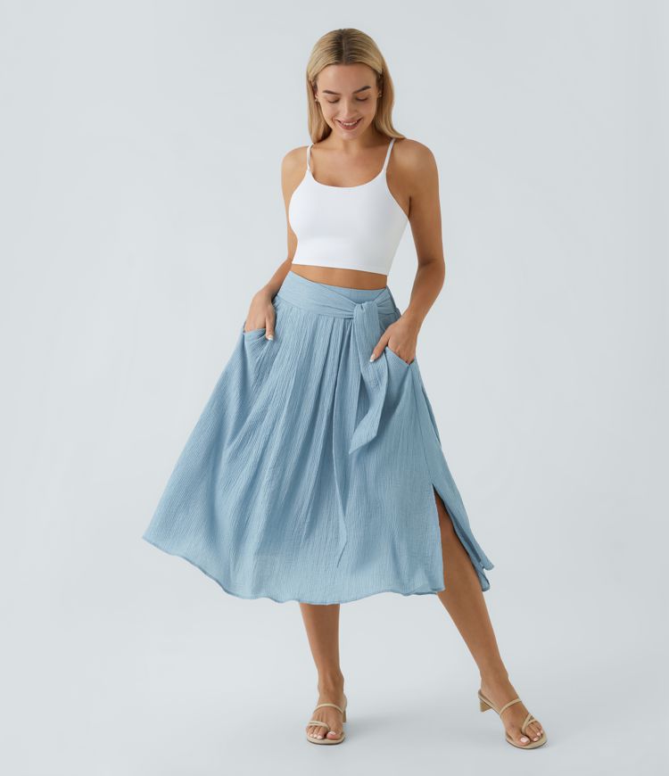 Falda midi casual fluida con abertura en el bolsillo lateral con cordones de talle alto