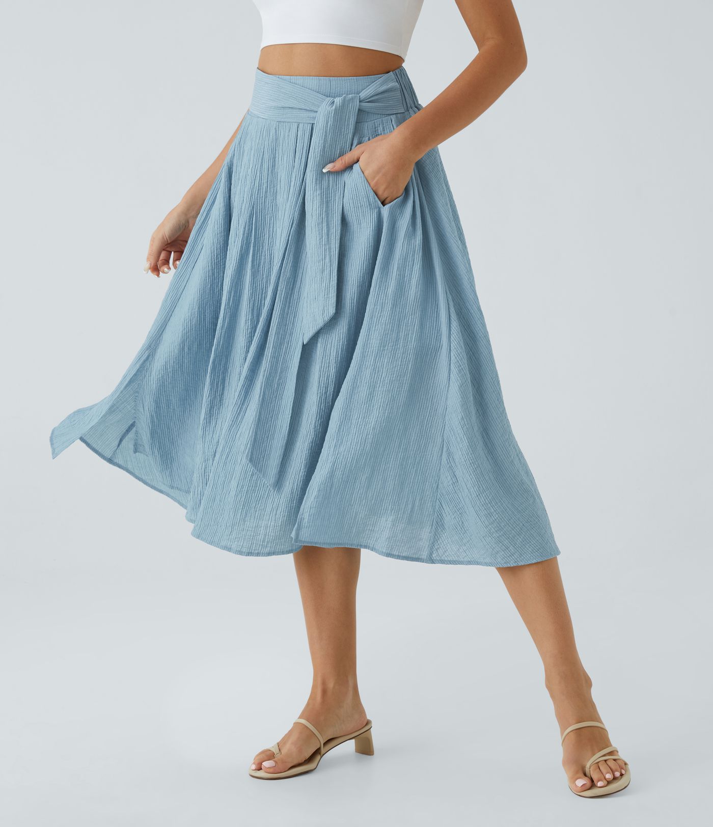 Falda midi casual fluida con abertura en el bolsillo lateral con cordones de talle alto