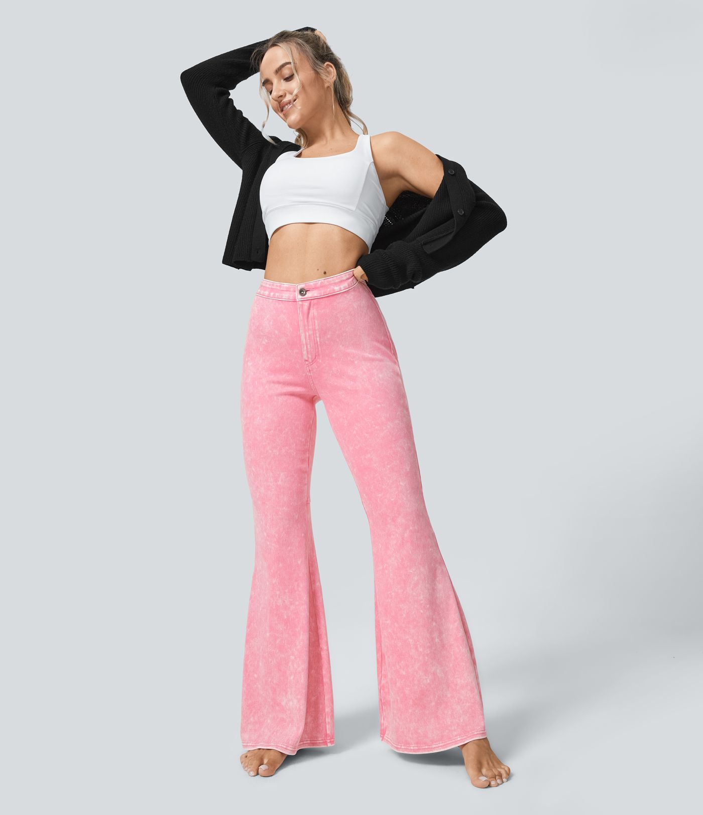 Halara Flex™ 하이웨이스트 뒷주머니 워시드 컬러풀 스트레치 니트 캐주얼 슈퍼 플레어 청바지