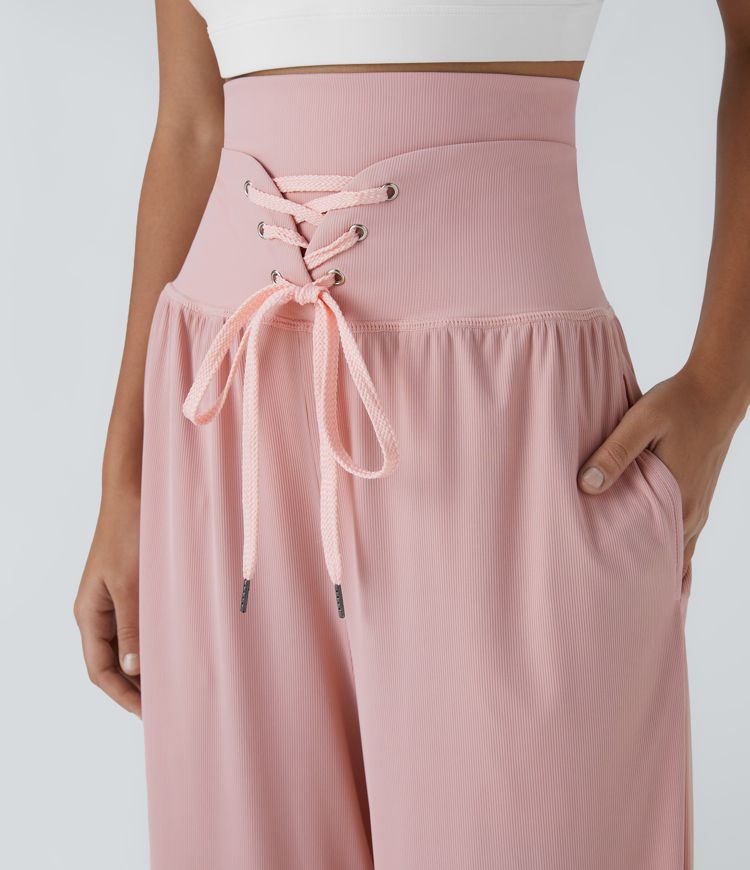 Double-Layer Super High Waisted Lace Up Pocket Yoga Pants