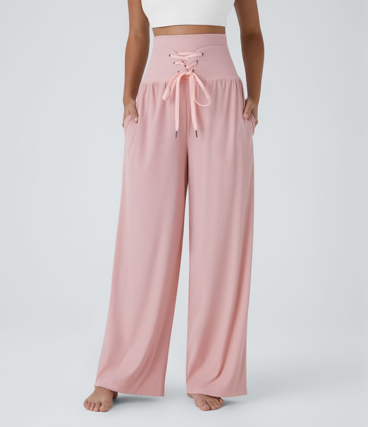 Double-Layer Super High Waisted Lace Up Pocket Yoga Pants