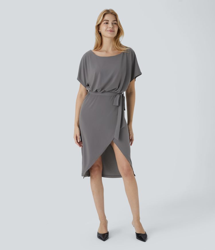 Scoop Neck Belted Tulip Hem Midi Work Dress