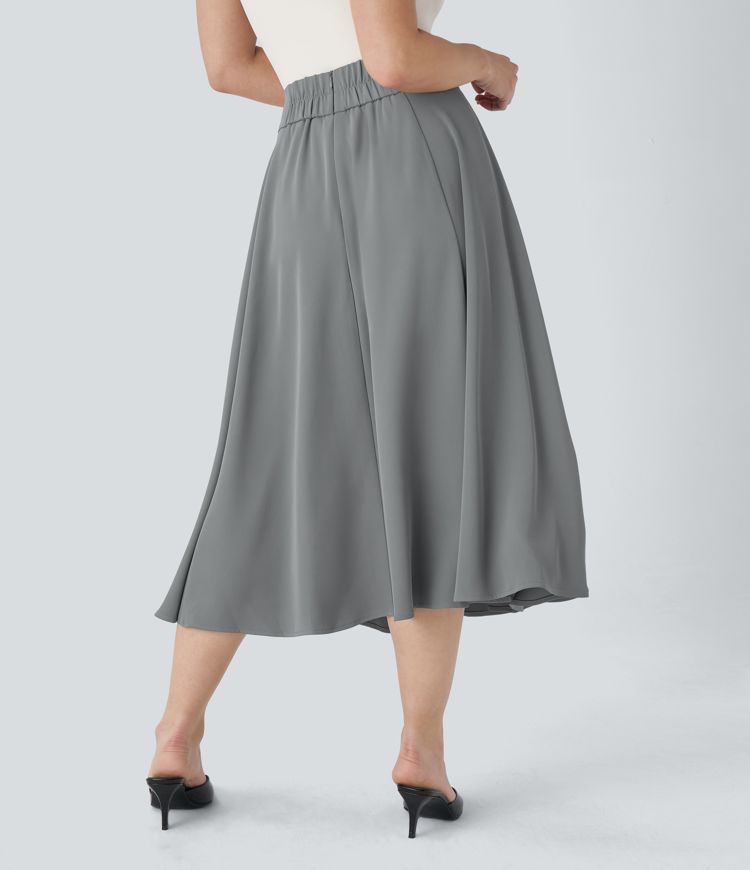 High Waisted Back Flare Midi Work Skirt