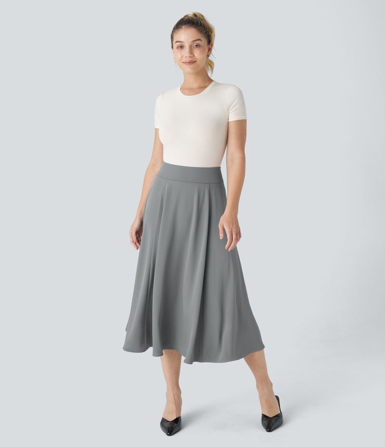 High Waisted Back Flare Midi Work Skirt