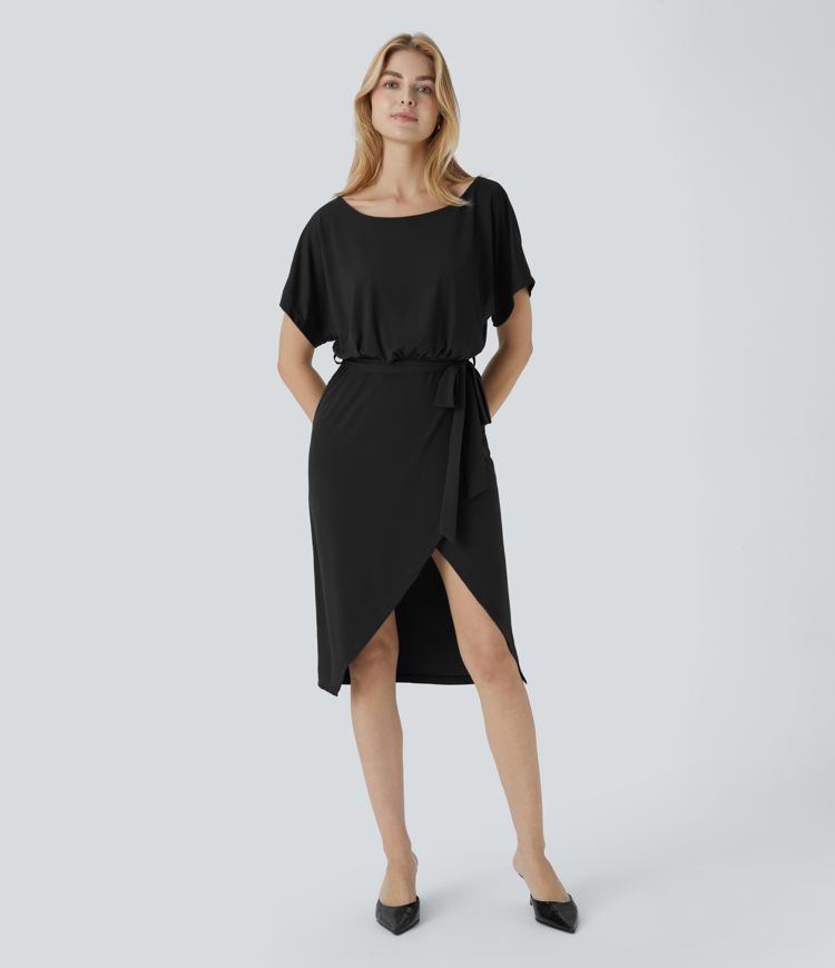 Scoop Neck Belted Tulip Hem Midi Work Dress