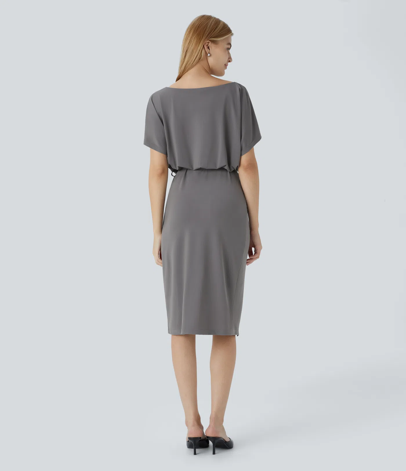 Scoop Neck Belted Tulip Hem Midi Work Dress