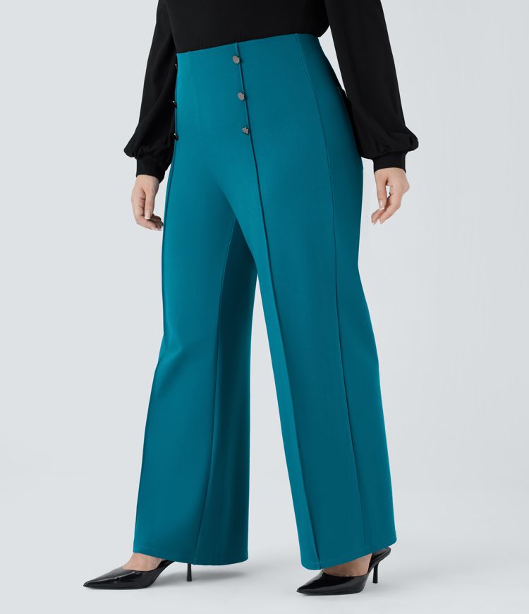 Pantalón oficina tiro alto bolsillo abotonado pierna ancha talla grande