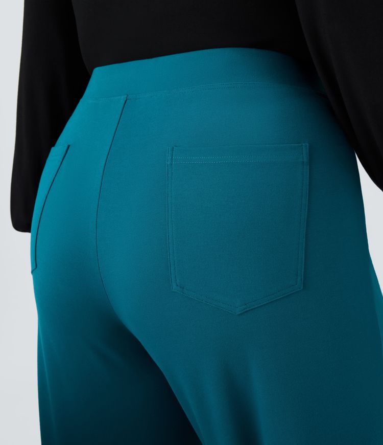 Pantalón oficina tiro alto bolsillo abotonado pierna ancha talla grande