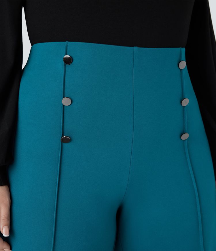 Pantalón oficina tiro alto bolsillo abotonado pierna ancha talla grande