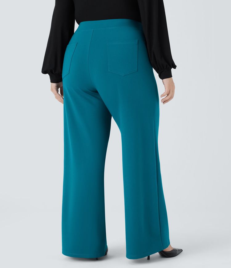 Pantalón oficina tiro alto bolsillo abotonado pierna ancha talla grande