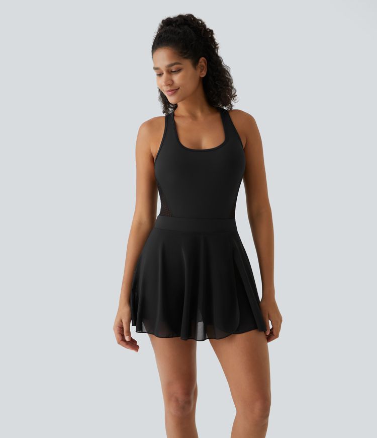 Backless Racerback 2-in-1 Side Pocket Contrast Mesh Quick Dry Mini Tennis Active Dress