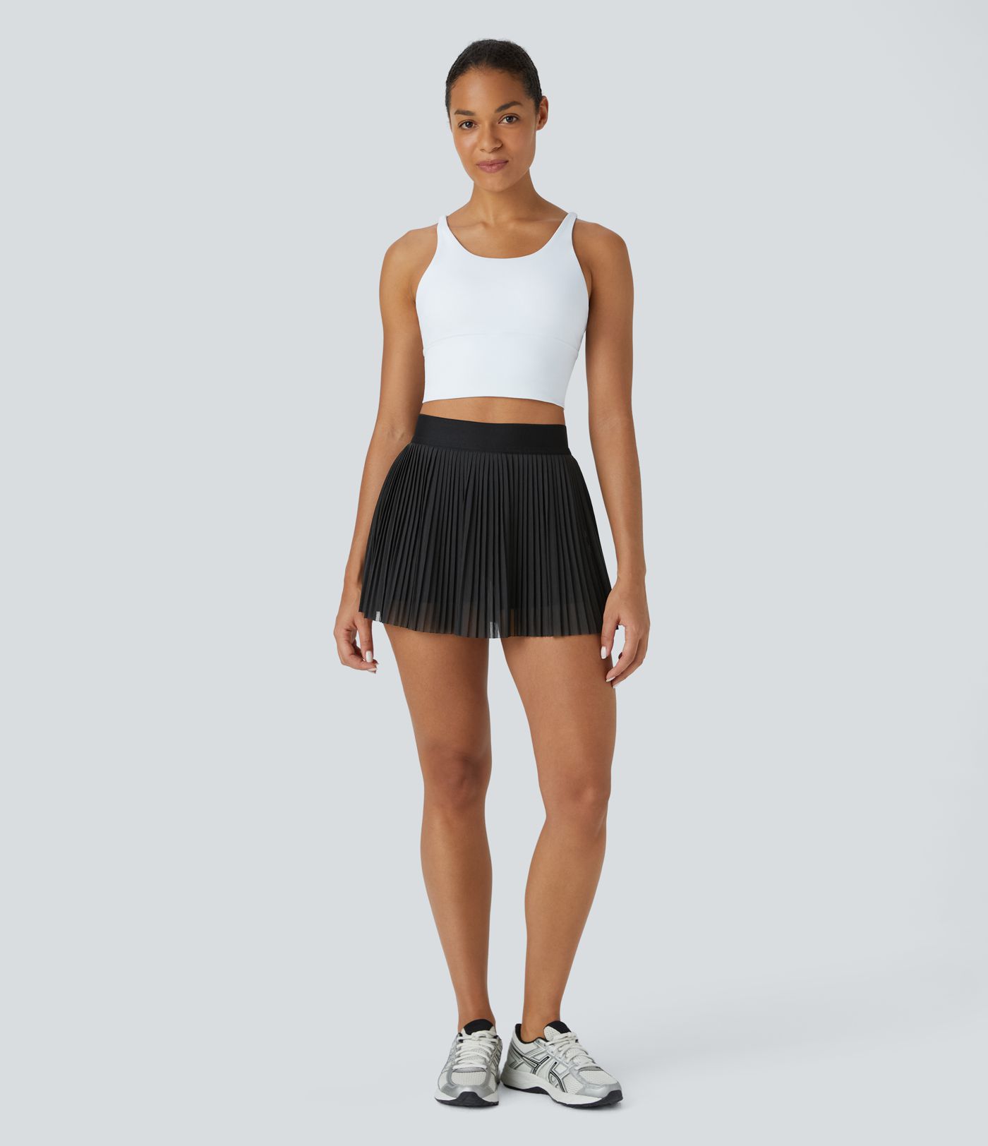 High Waisted 2-in-1 Side Pocket Contrast Mesh Pleated Mini Tennis Skirt